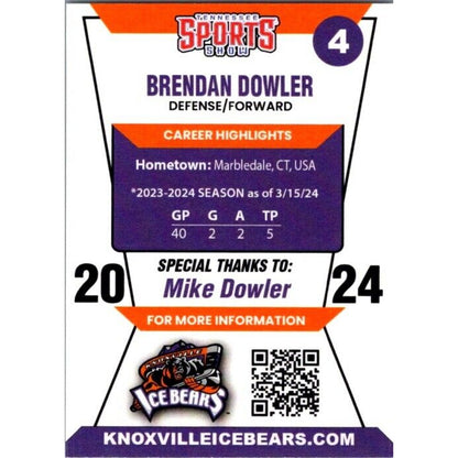 2024 Knoxville Ice Bears #4 Brendan Dowler Defense/Forward Auto