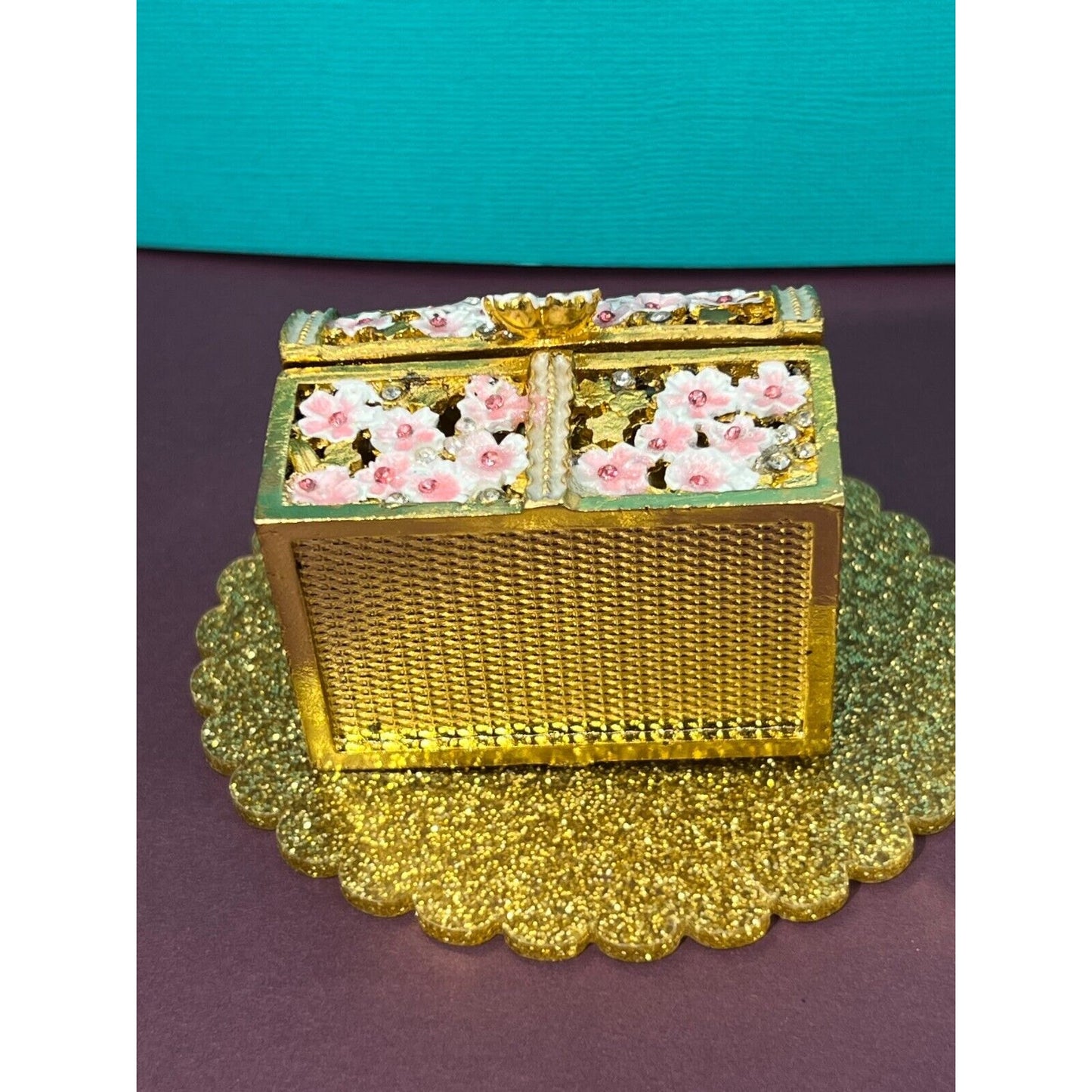 Miniature Trinket Box / Treasure Chest Gold w/ Pink Flowers