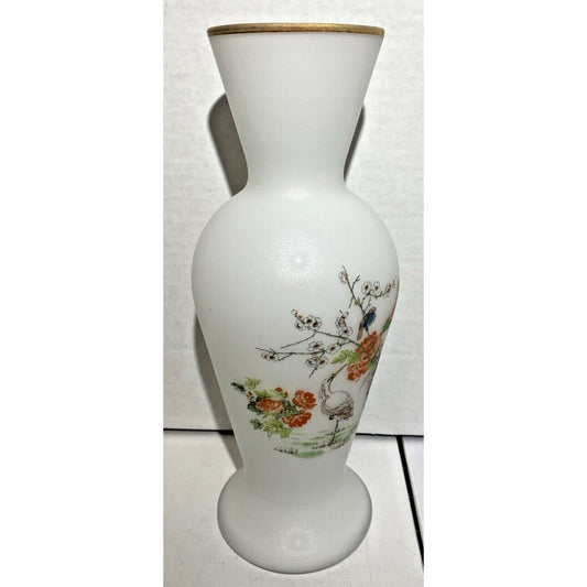 Satin Frosted White Glass Vase Hand Painted Floral Scene 9.25”