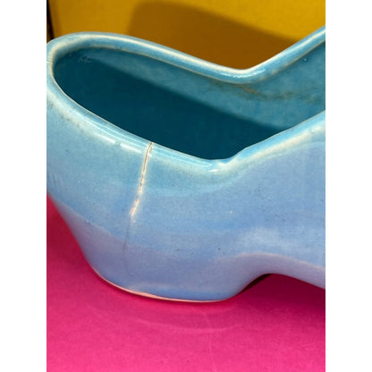Vintage 1940's McCoy Ceramic Blue Dutch Clog Shoe with Pink Rose Planter Cracked