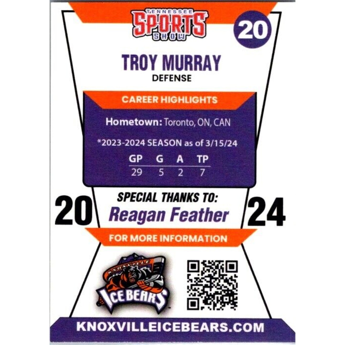 2024 Knoxville Ice Bears #20 Troy Murray Defense Auto