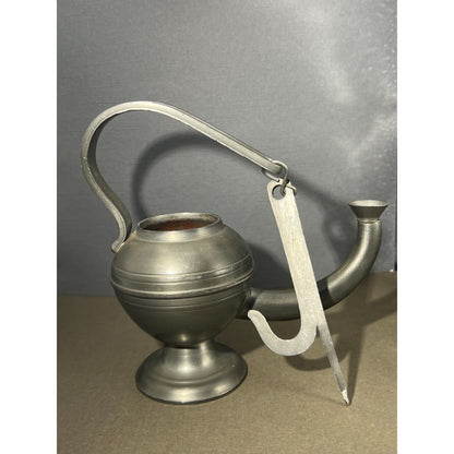 Unmarked Pewter Oil Lamp (missing lid) 4" long 3" tall plus the handle