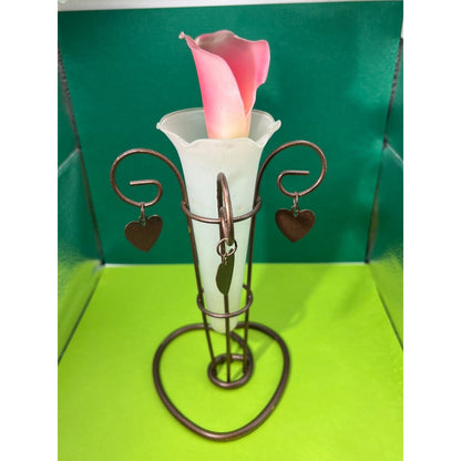 Metal Vase with Heart Dangles Petite Glass Vase (minor chipping on stand)