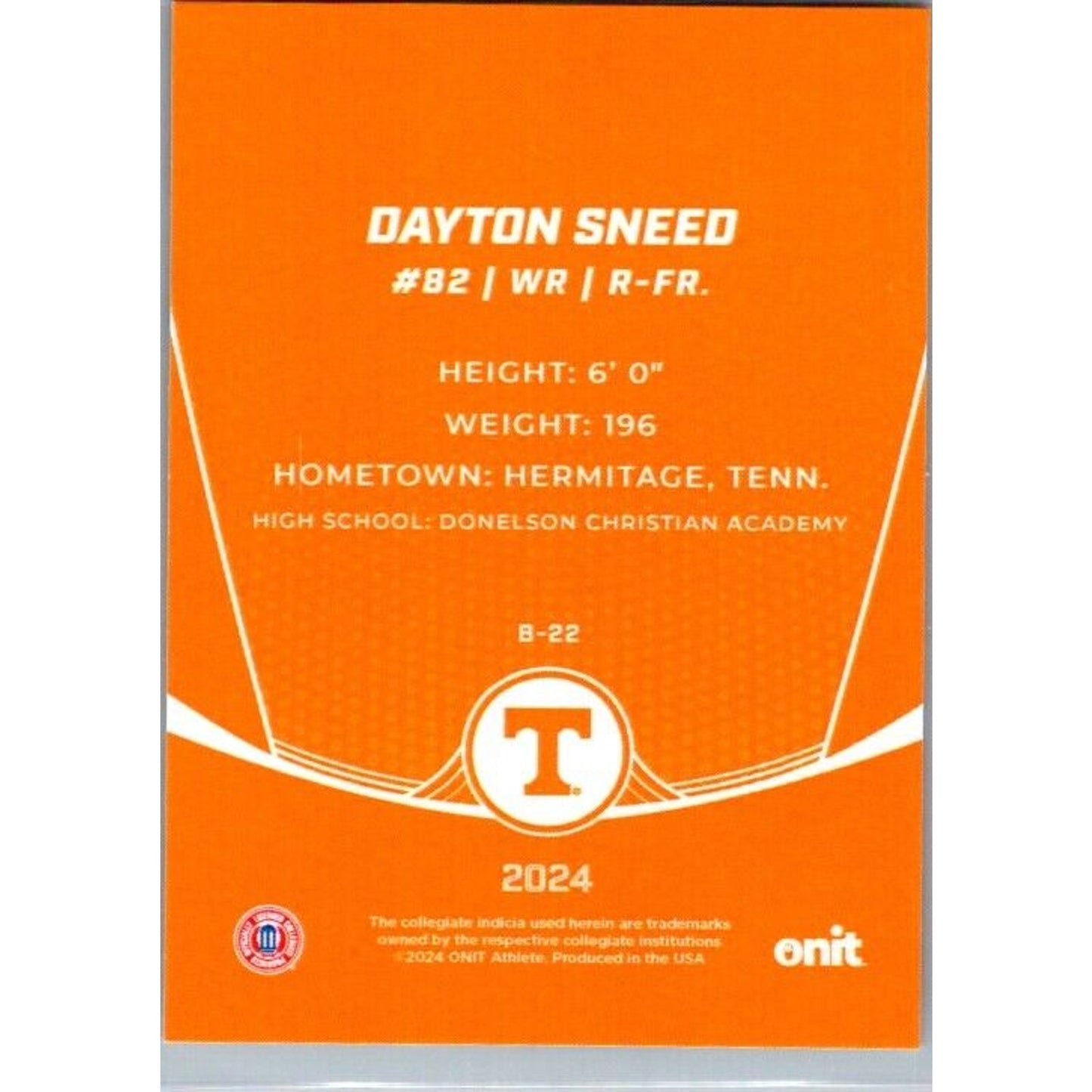 2024 Onit Football #B-22 Dayton Sneed Tennessee Volunteers