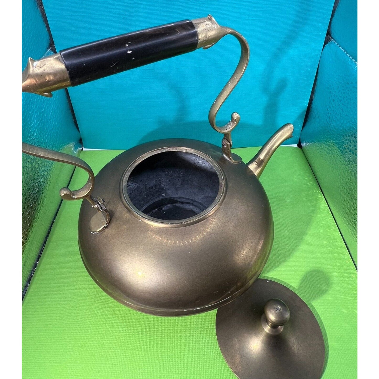 Brass Overlaid Tea Kettle Wood Turned ORNATE Handle 24 oz capacity
