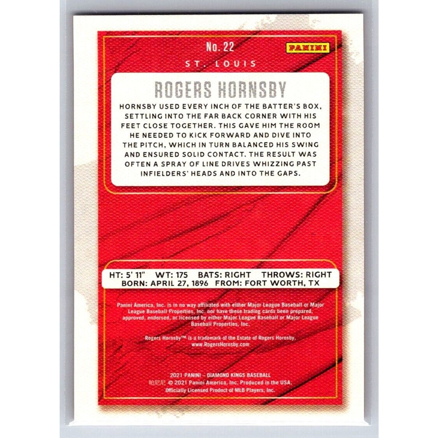 2021 Diamond Kings #22 Rogers Hornsby St. Louis Cardinals Red Frame