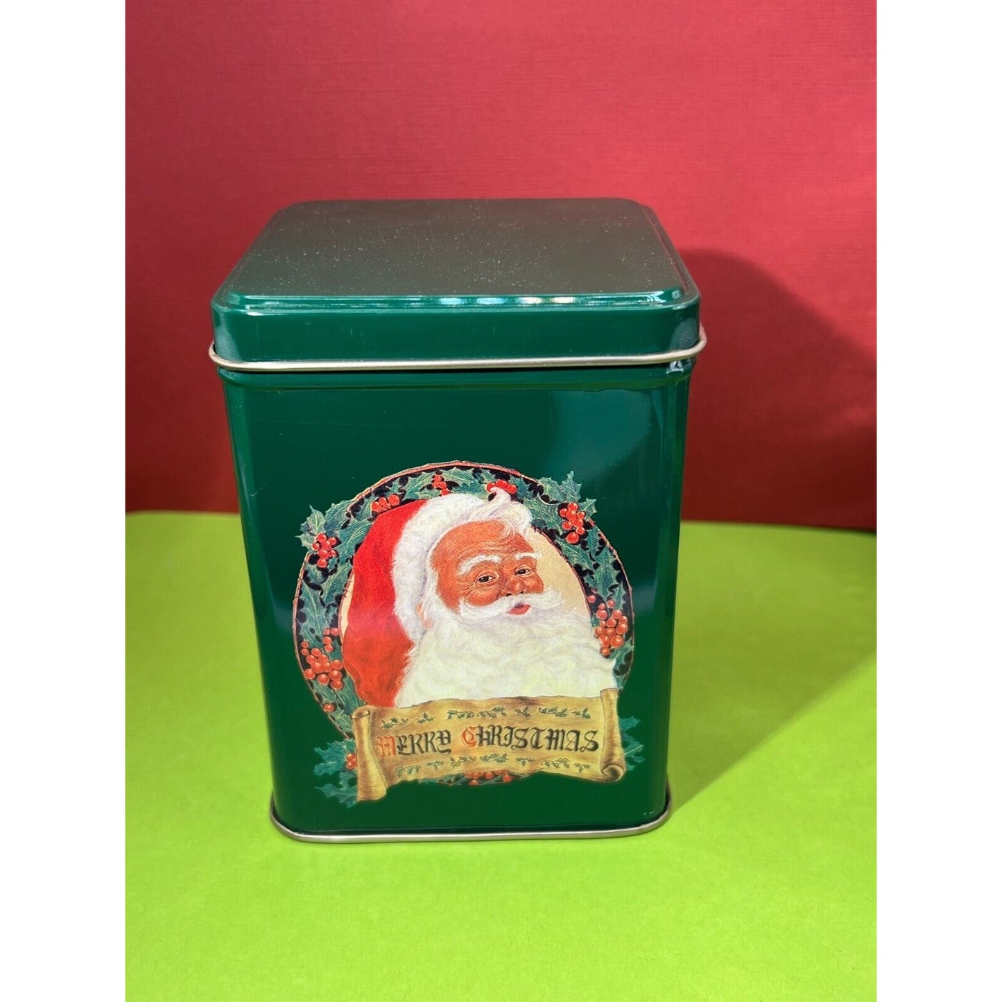 Merry Christmas Santa with Holly Berries Green Vintage Tin Cute Square Base