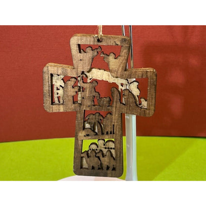 Wooden Nativity Christmas Hanging Cross Ornament AC1590