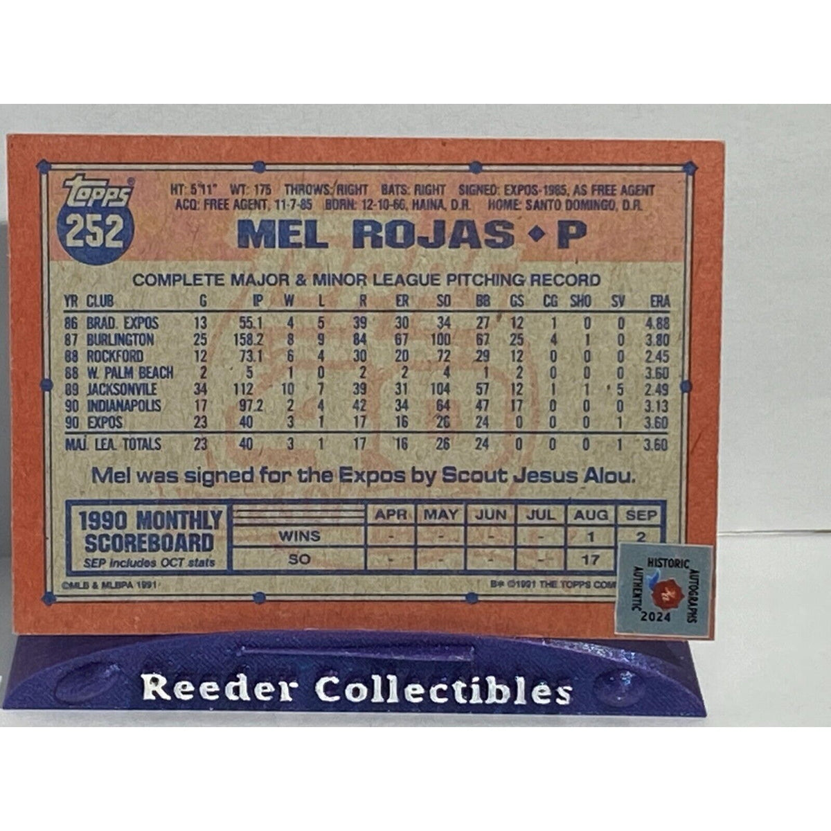 1991 Topps #252 Mel Rojas Montreal Expos In Person Autograph Hard Signed