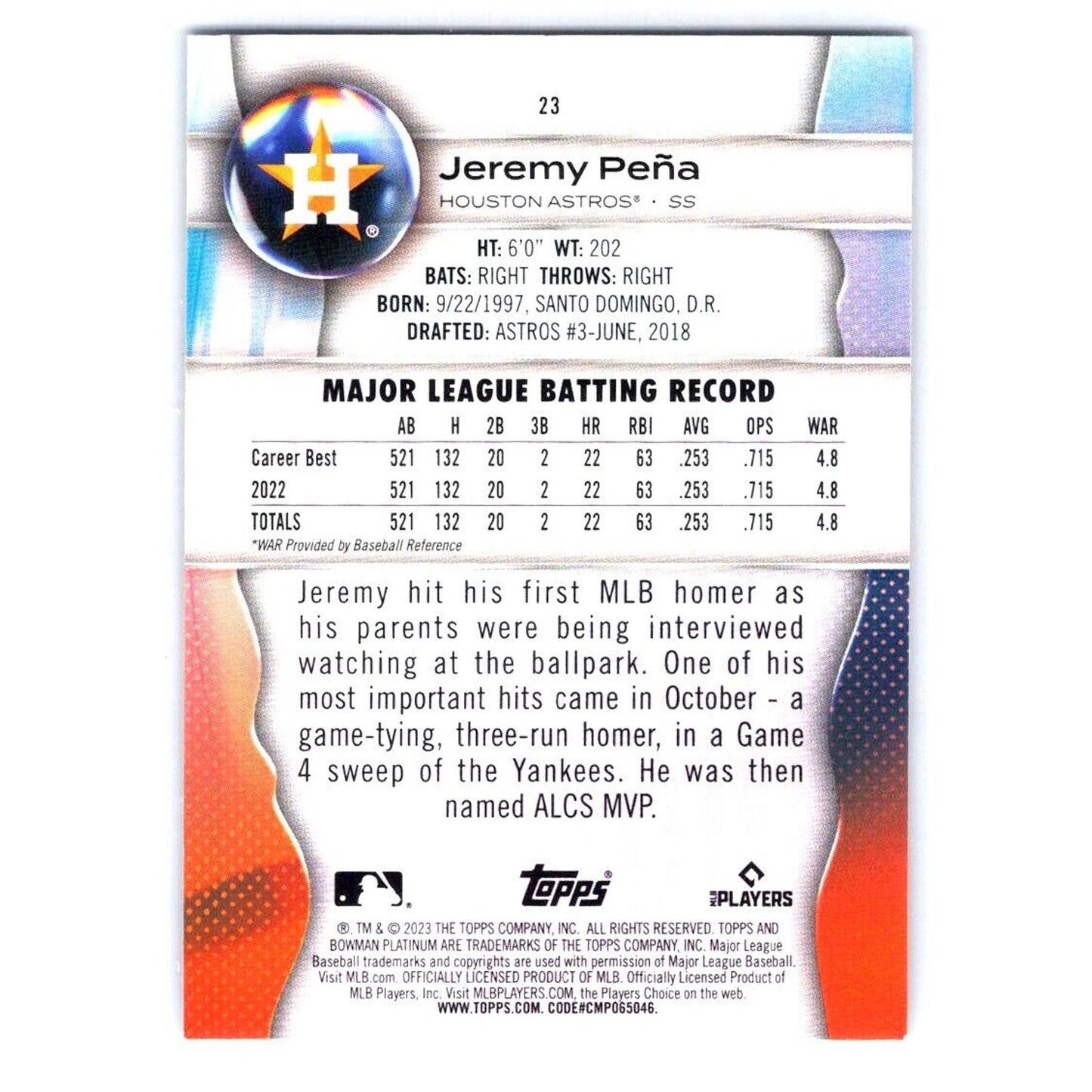 2023 Bowman Platinum #23 Jeremy Peña