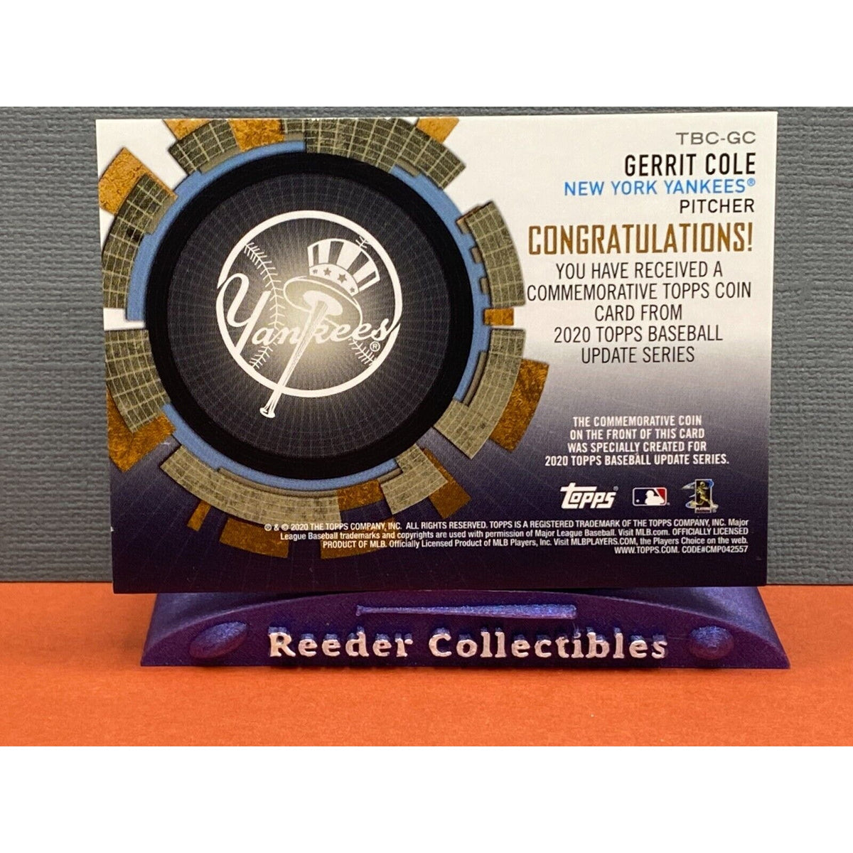 Gerritt Cole 2020 Topps Update TBC-GC New York Yankees Commemorative Coin Card