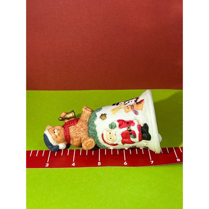Hand Painted Bisque Porcelain Santa Hand Bell Bear Cub Handle Hand