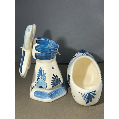 Hand painted Delft Ceramic Windmill & Dutch Shoe Signed Vintage White Blue