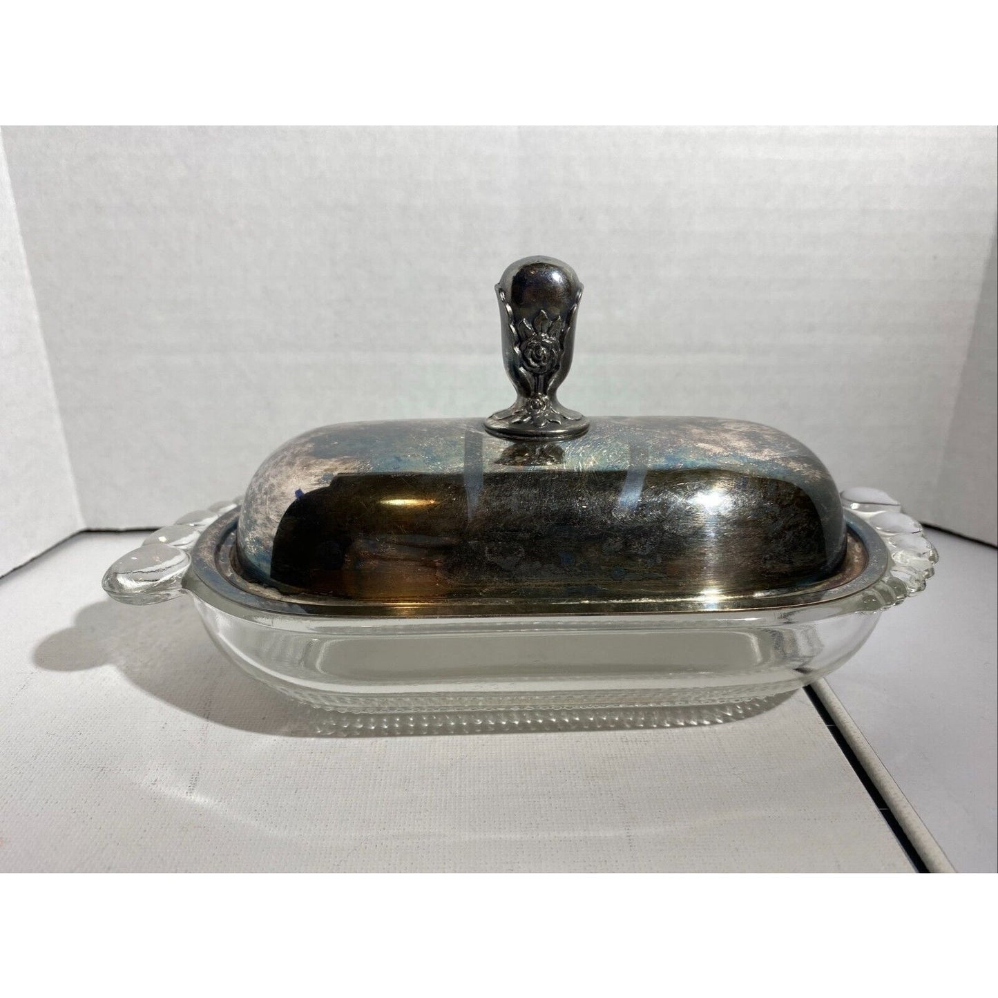 vintage 1953 silver plated and glass butter dish by 1847 rogers bros.