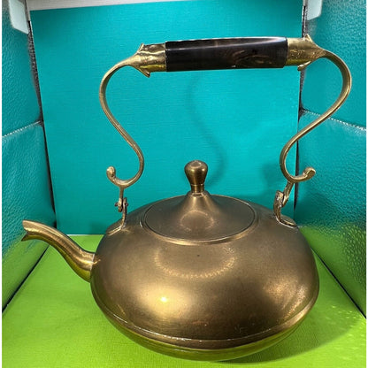 Brass Overlaid Tea Kettle Wood Turned ORNATE Handle 24 oz capacity