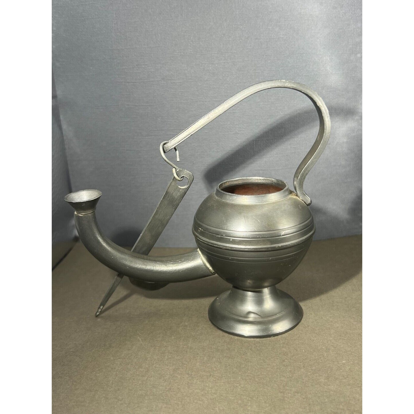 Unmarked Pewter Oil Lamp (missing lid) 4" long 3" tall plus the handle