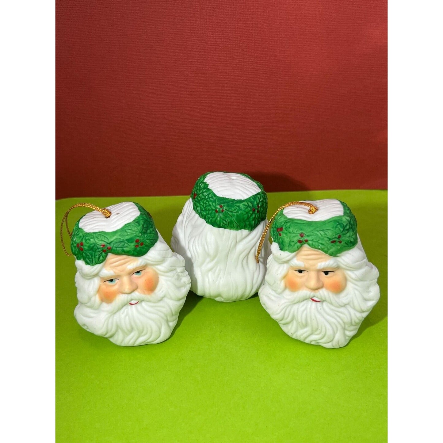 Set of 3 Old World Santa Head Bell Christmas Ornaments (One needs cord)