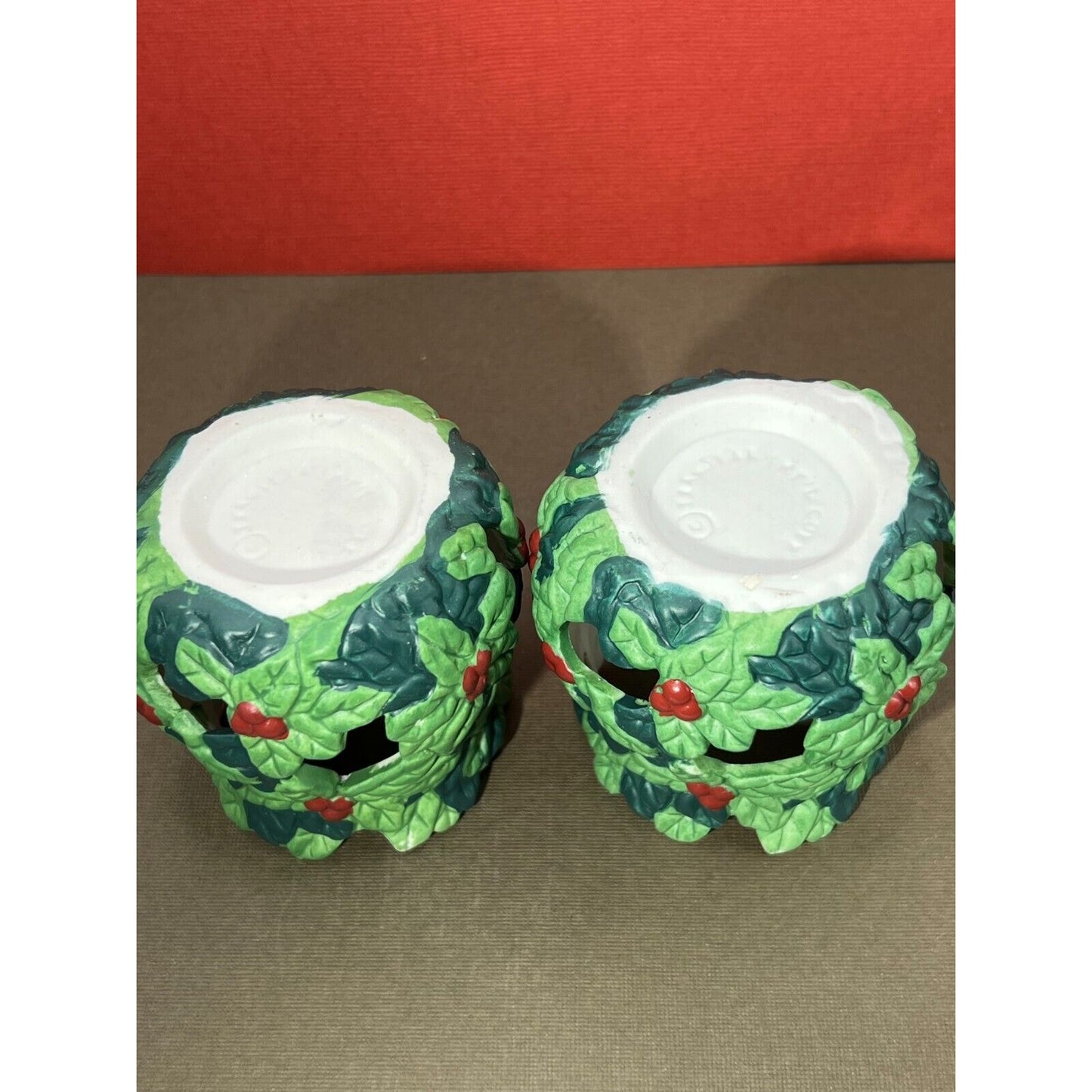 Christmas Poinsettia & Holly Berries Tealight (not incl) Candle Holder Set 2pcs