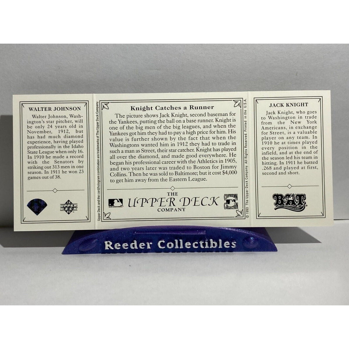 Walter Johnson Jack Knight 1993 Upper Deck Tri Fold BAT Washington Senators