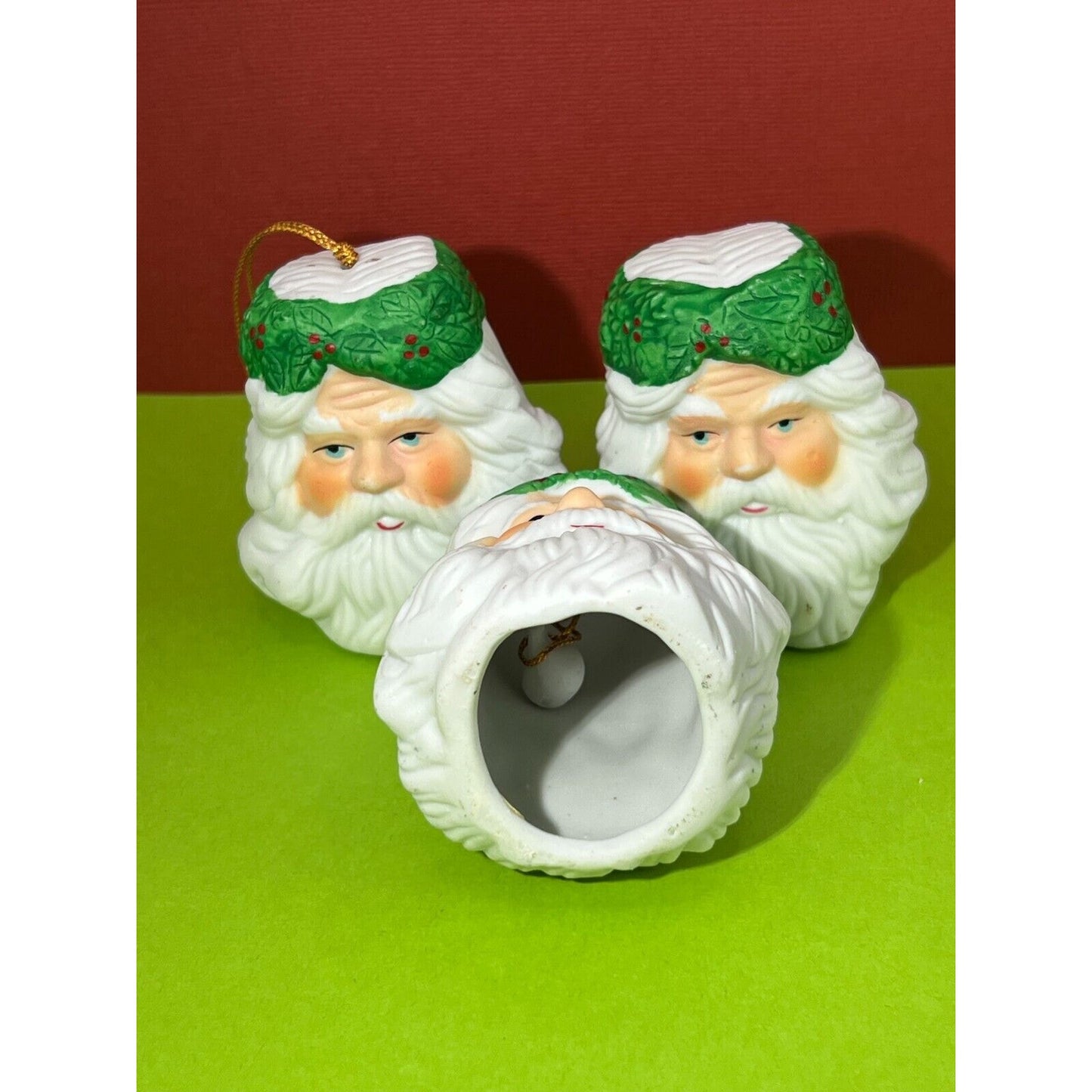 Set of 3 Old World Santa Head Bell Christmas Ornaments (One needs cord)