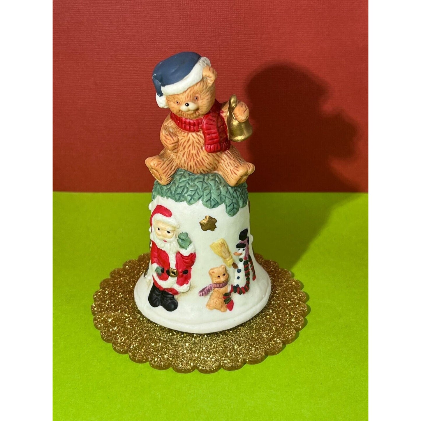 Hand Painted Bisque Porcelain Santa Hand Bell Bear Cub Handle Hand