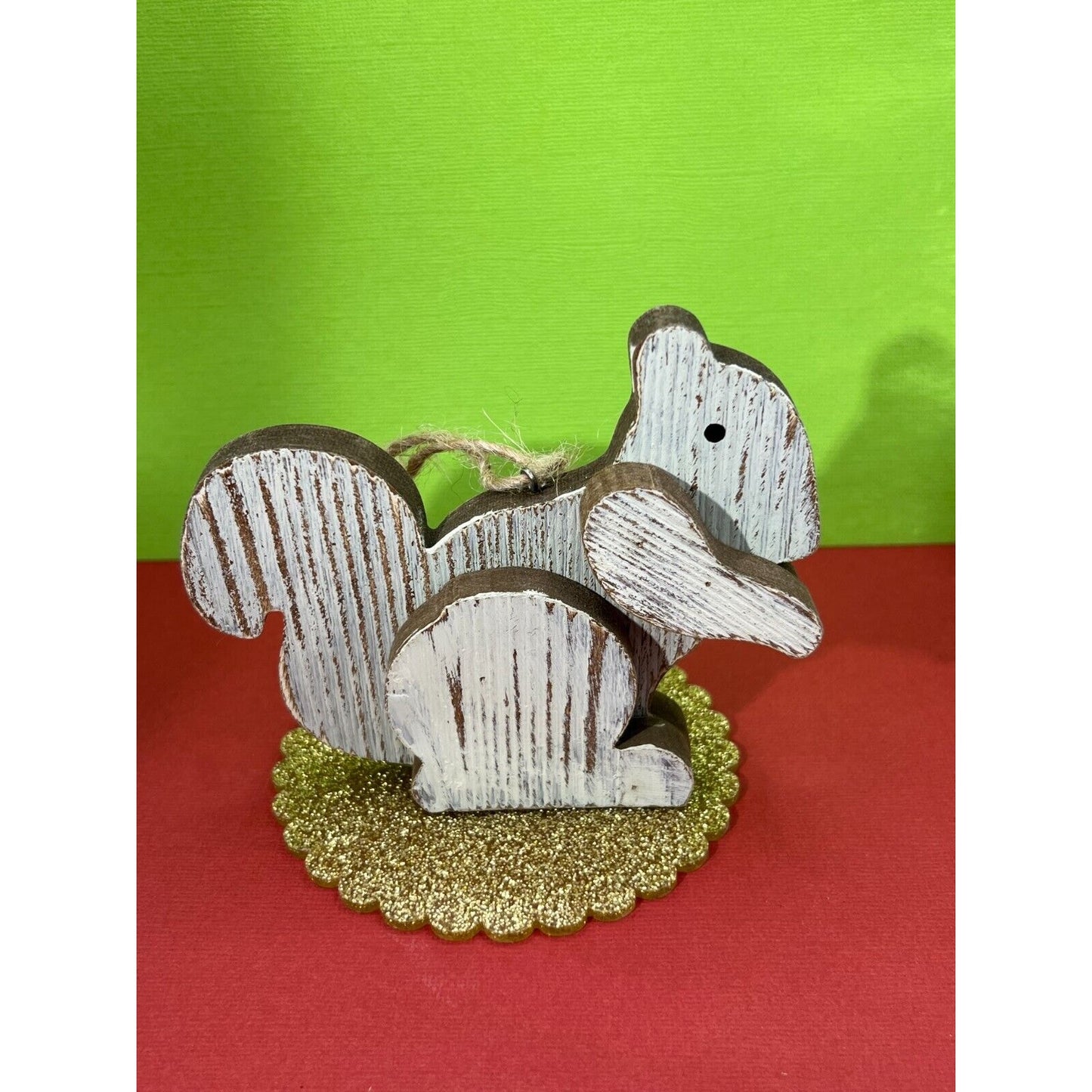 Wooden Squirrel Christmas Ornament 5" wide 4" tall hang or stand