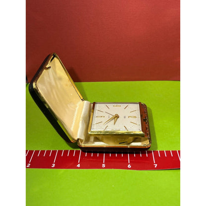 Elgin Travel Foldable Wind-Up Clock Gold Accents Brown Textured Ticking