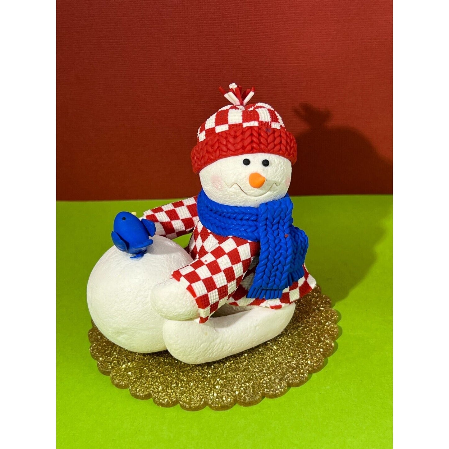 2 Snowmen Figurines Snowball Bluebird Birdhouse Checkered Jackets Blue Scarves