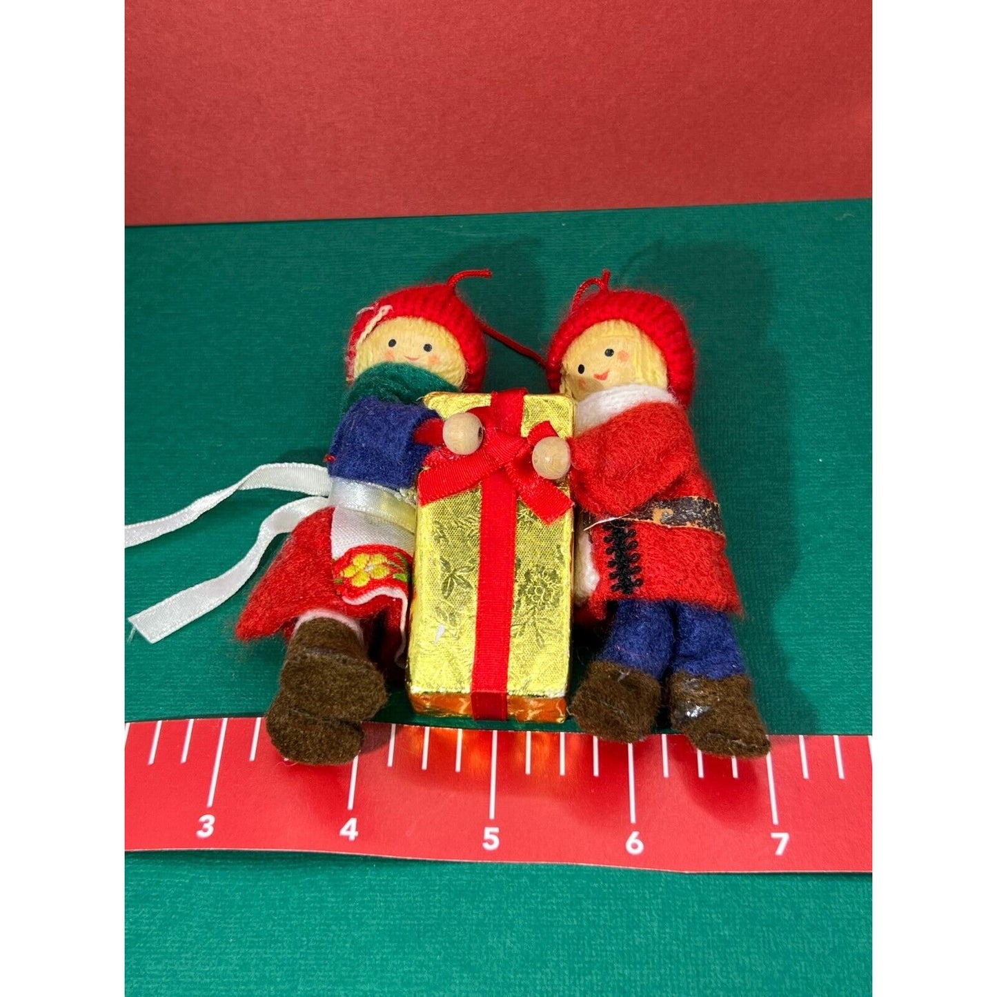 Vintage Felt Christmas Ornament Boy and Girl holding Present 4" h