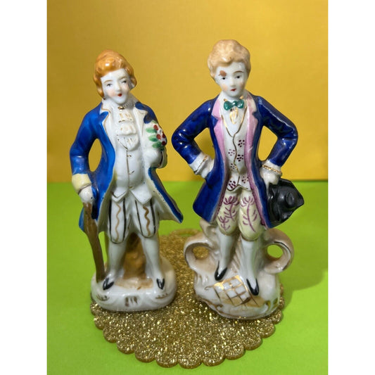 2 piece Colonial Male Figurines Occupied Japan Vintage Porcelain 5" tall