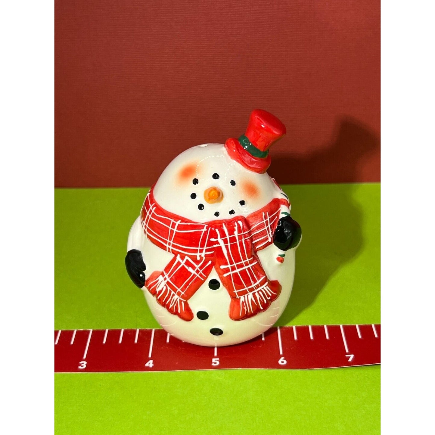 Snowman Salt and Pepper Shakers Red Scarves And Top Hats Round Ceramic