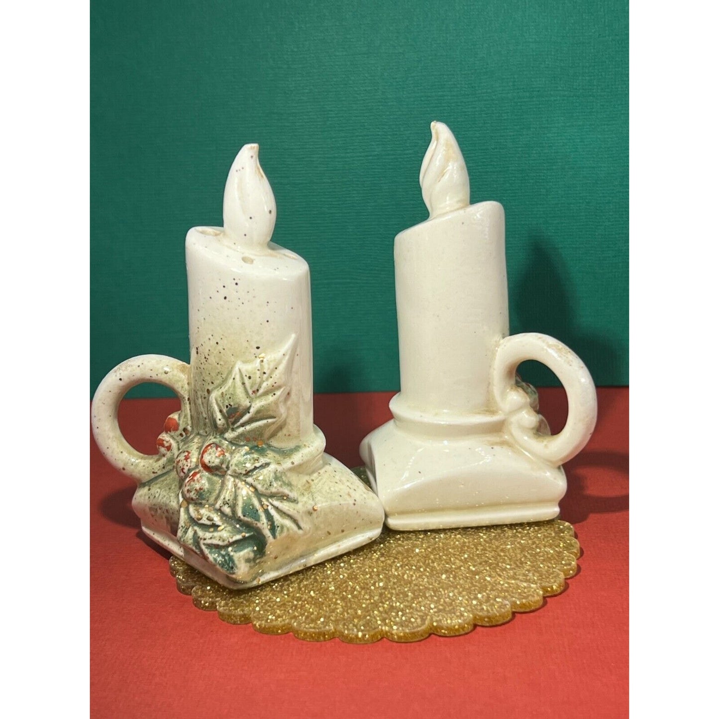 Vintage Ceramic Christmas Candle Stick Salt and Pepper Shakers 4" tall 2"x2"base