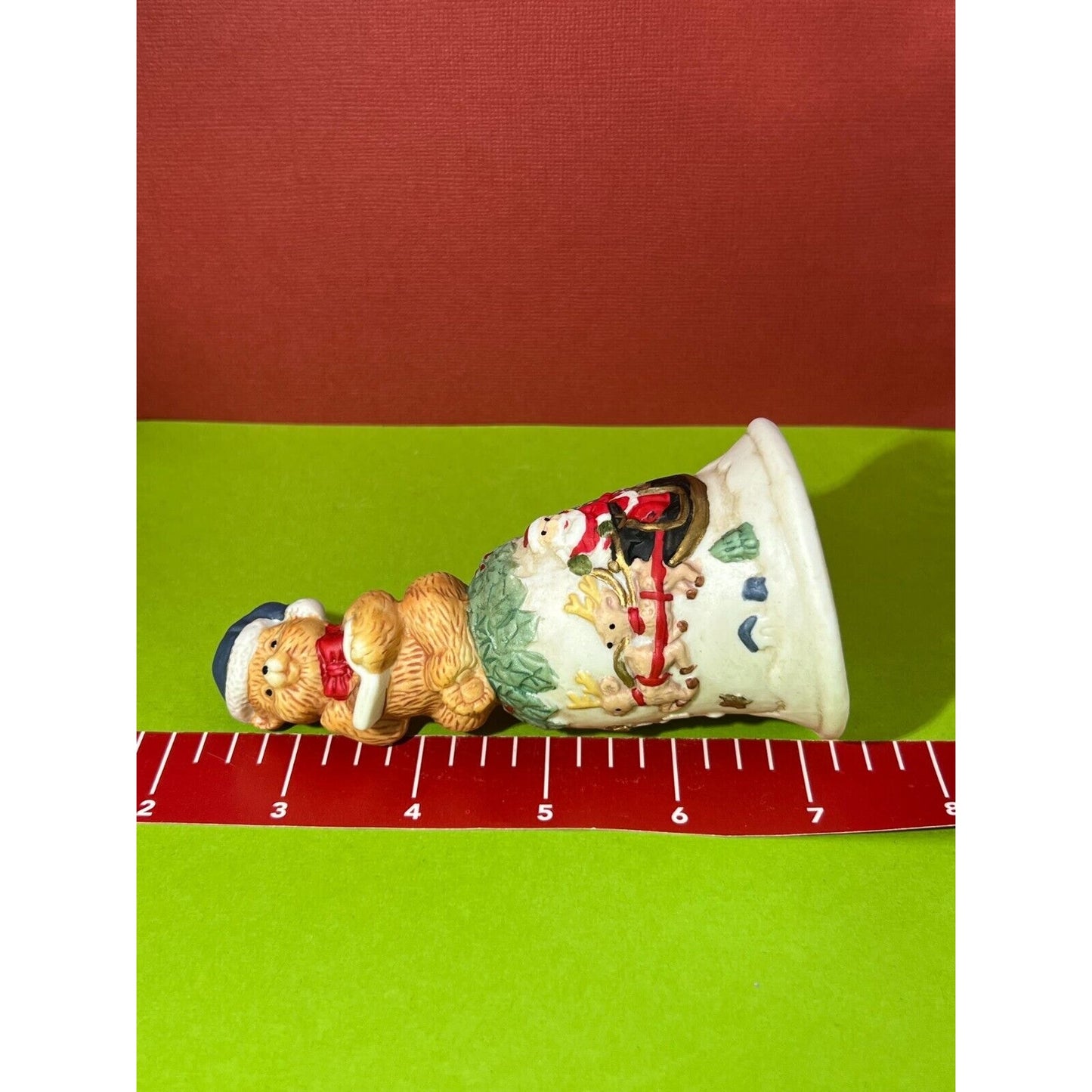 Hand Painted Bisque Porcelain Bell Santa Sleigh Bear Cub holding Book w/ box