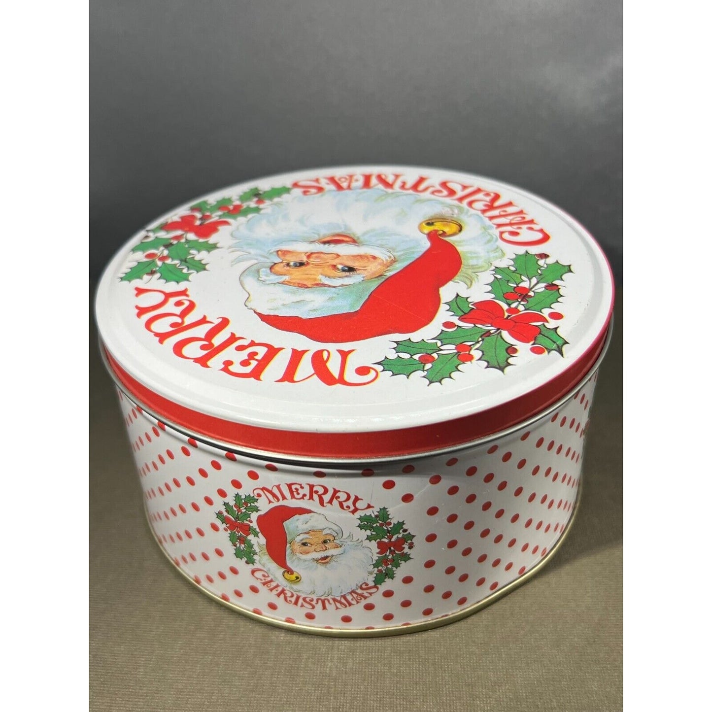 Vintage Merry Christmas Tin with Santa's Face 5.5" diameter x 2.75" tall