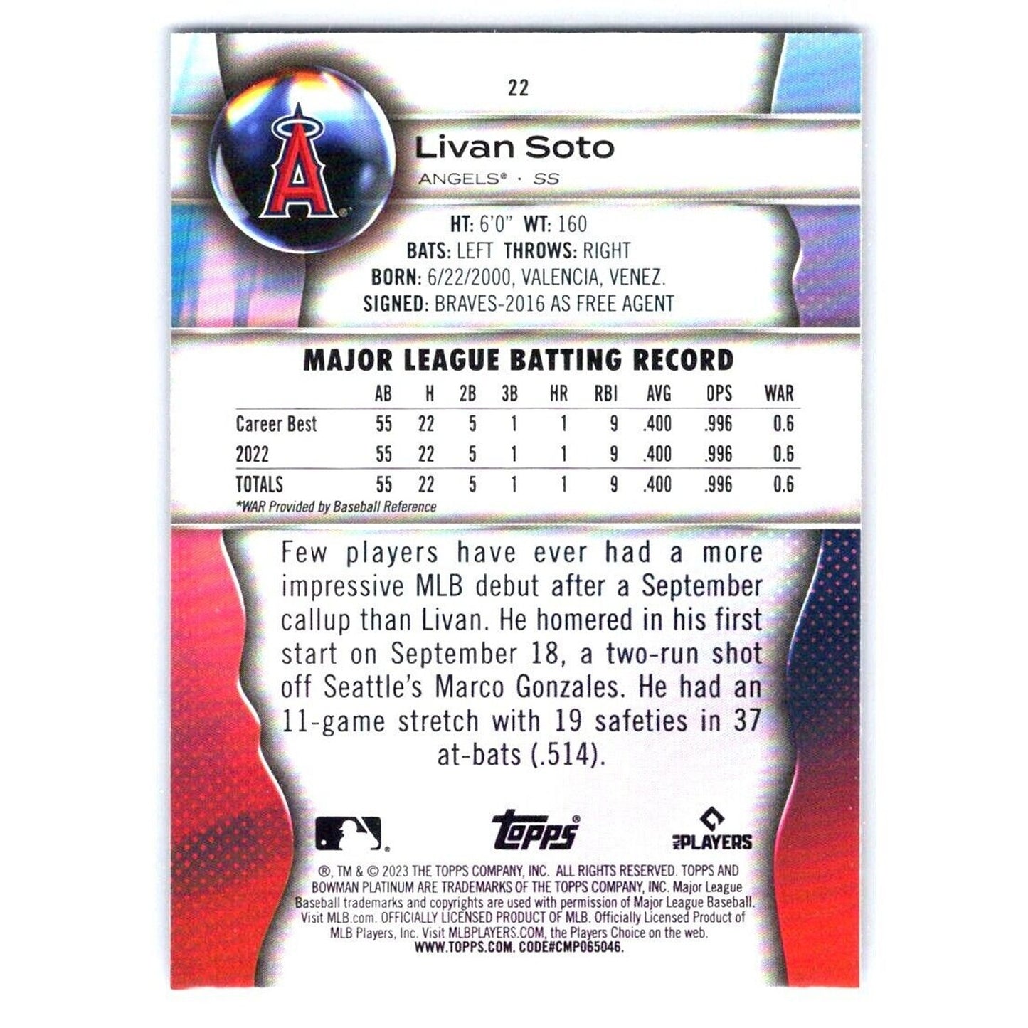 2023 Bowman Platinum #22 Livan Soto Los Angeles Angels