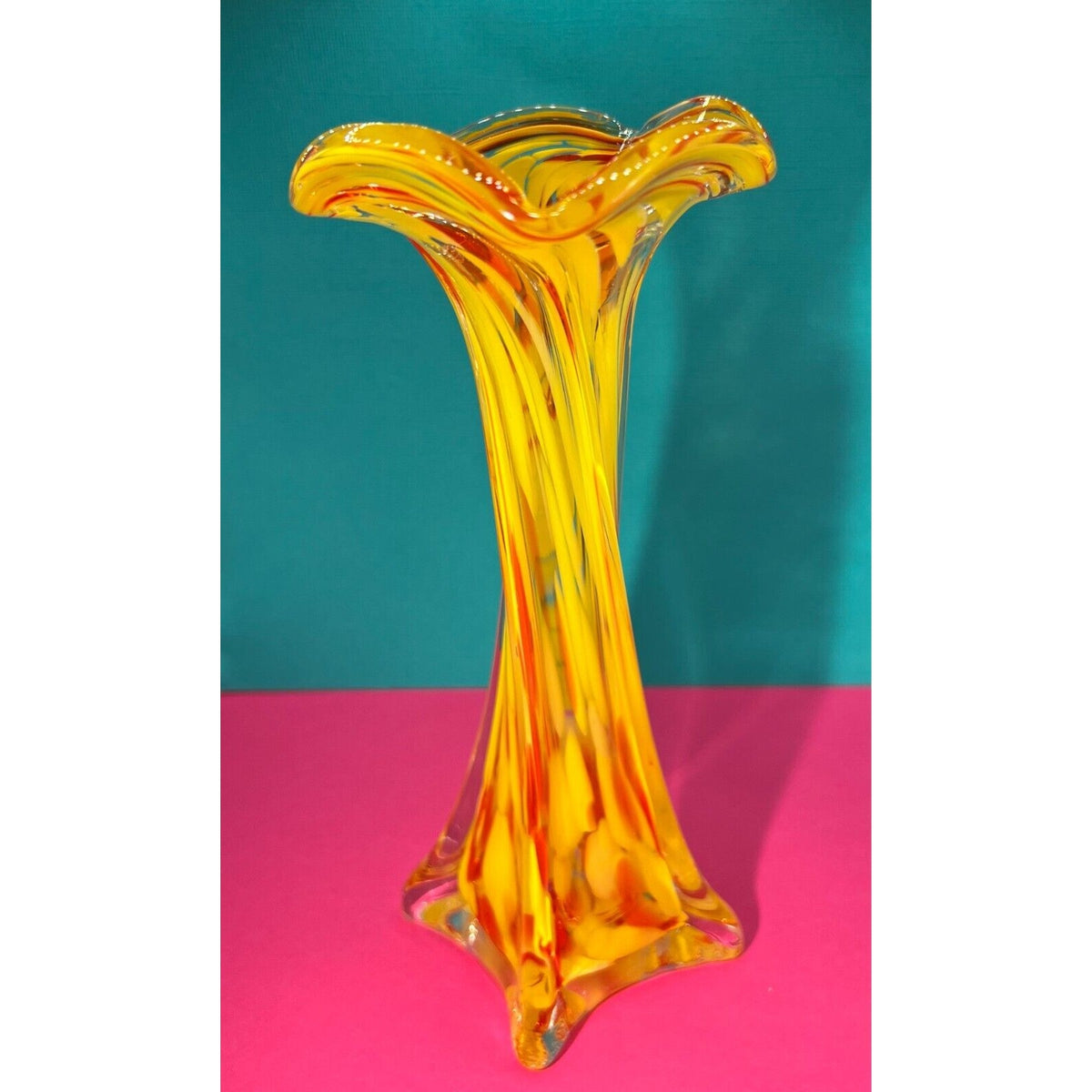 Art Glass Yellow & Orange Spatter Vase 8"