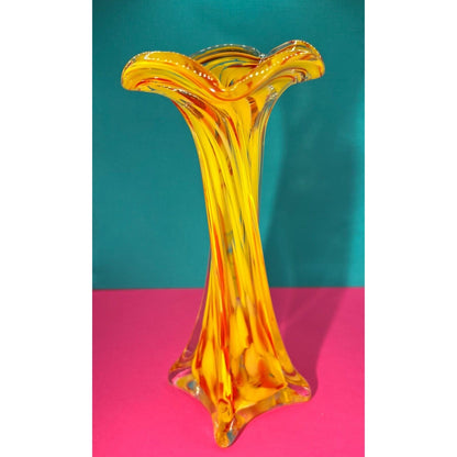 Art Glass Yellow & Orange Spatter Vase 8"