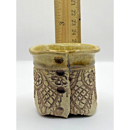 Primitive Handmade Art Pottery Incised Toothpick Holder Ceramic Signed