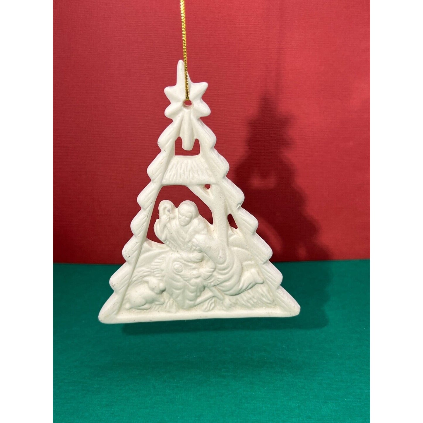 White Ceramic Nativity Christmas Ornament Jesus Joseph Mary Triangle