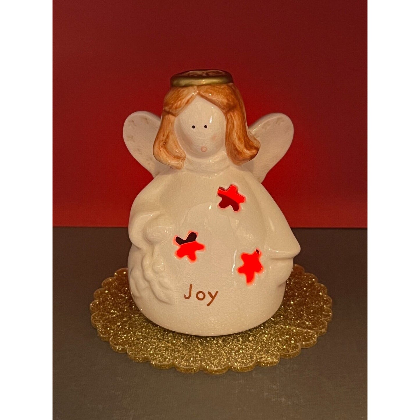 Russ Glitter & Gold Stoneware Votive (NOT INCL) Candle Holder Christmas Angel