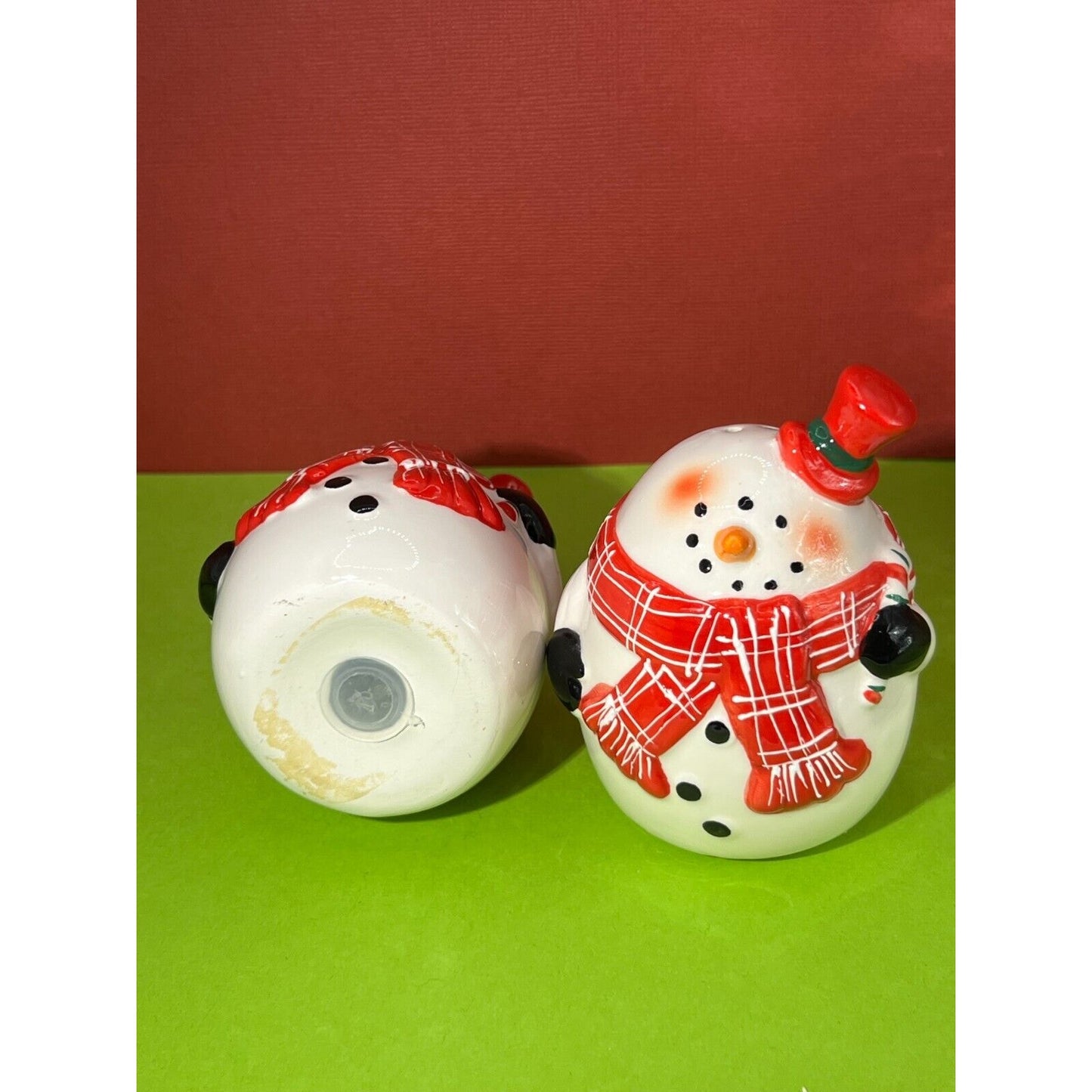 Snowman Salt and Pepper Shakers Red Scarves And Top Hats Round Ceramic