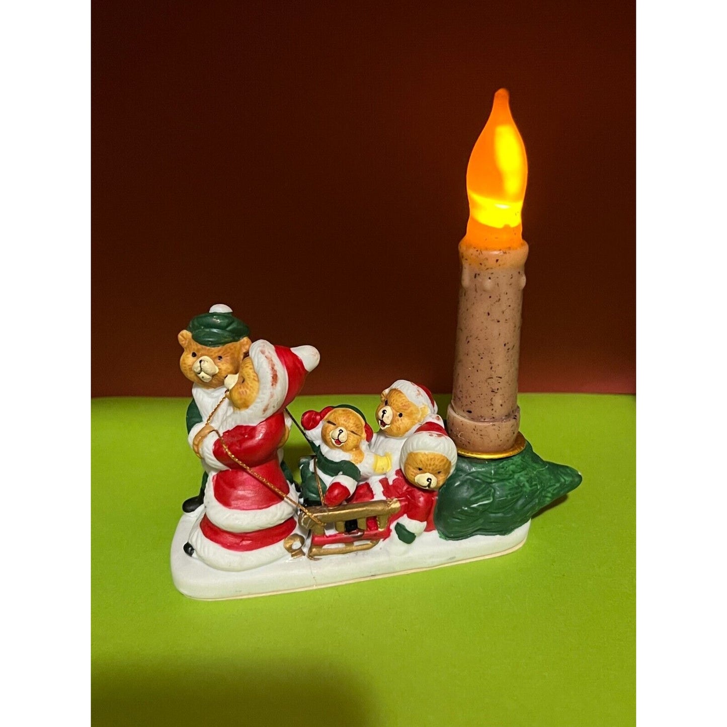 Vtg Candle Holder Santa Bear Pulling 3 Little Bears Sled candle not incl refurb