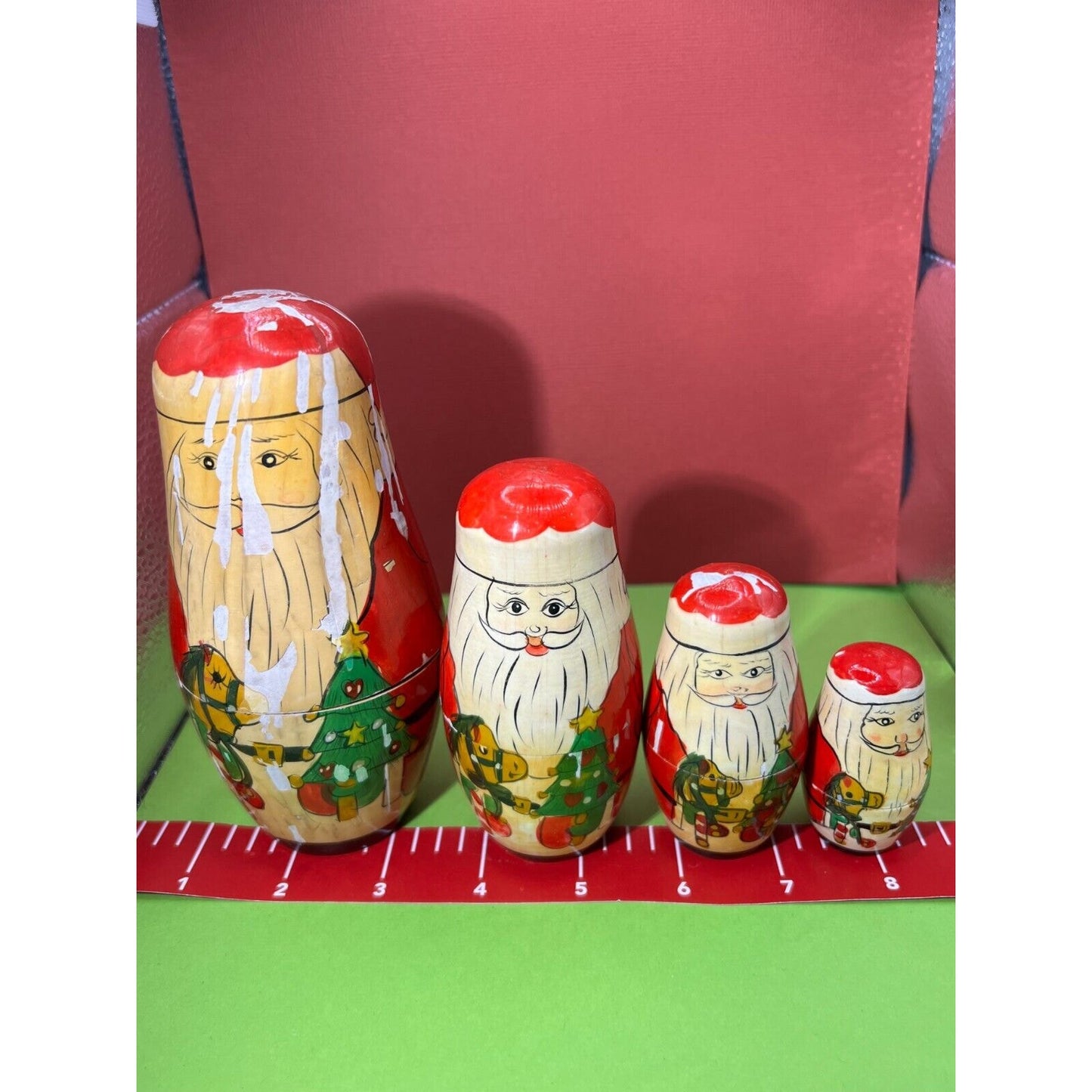 VTG Real Wood Santa Nesting Dolls 4pc Set Paint Peeling