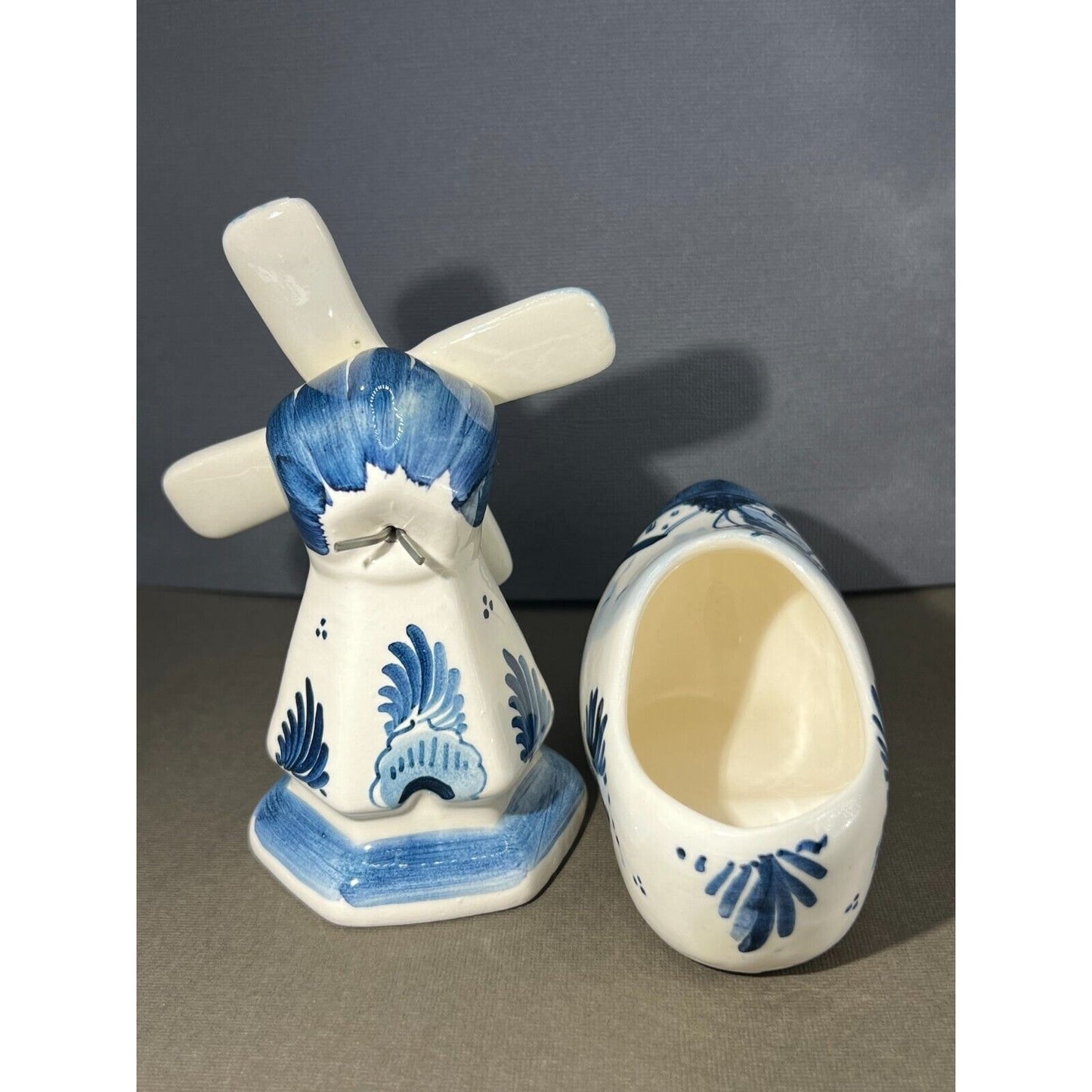 Hand painted Delft Ceramic Windmill & Dutch Shoe Signed Vintage White Blue