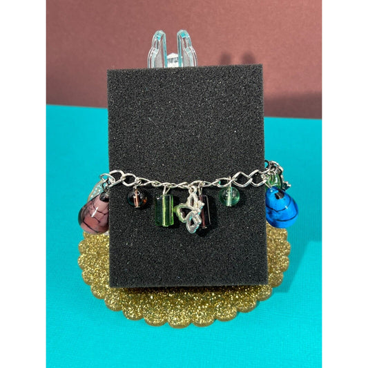 Butterfly & Beads Charm Bracelet Maroon Blue Green Beads