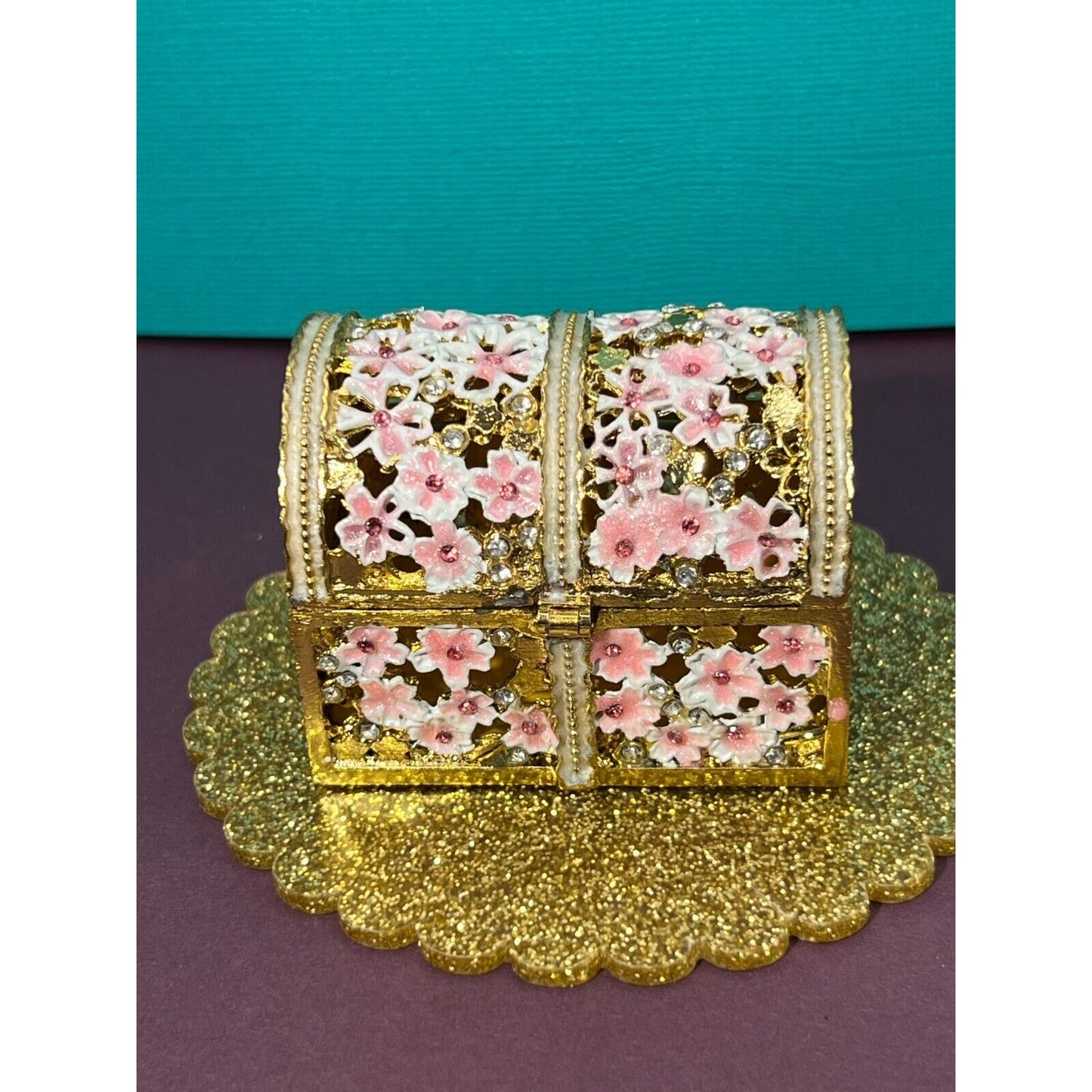 Miniature Trinket Box / Treasure Chest Gold w/ Pink Flowers