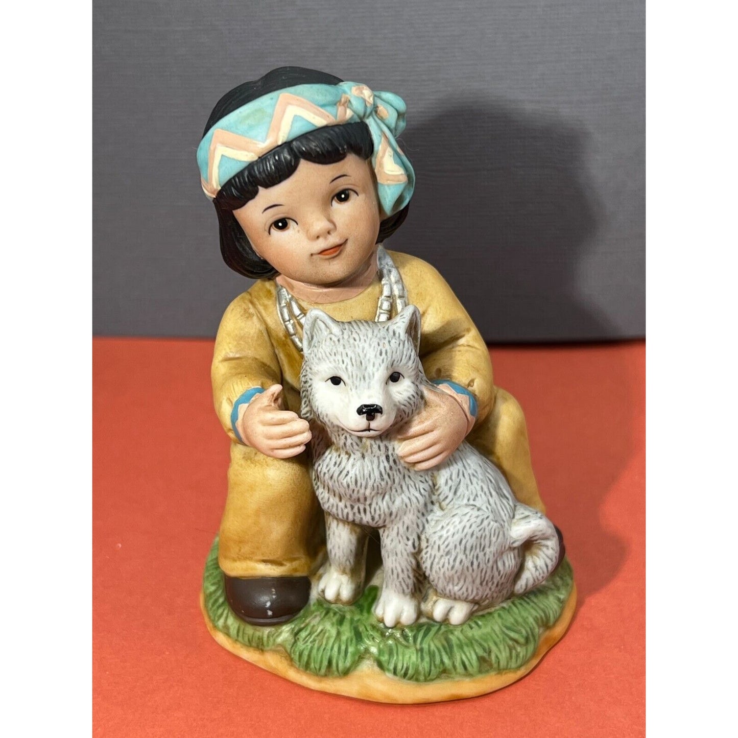 Vintage Homco Native American Indian Boy Wolf Dog Pup & Girl Sheep 4" h.