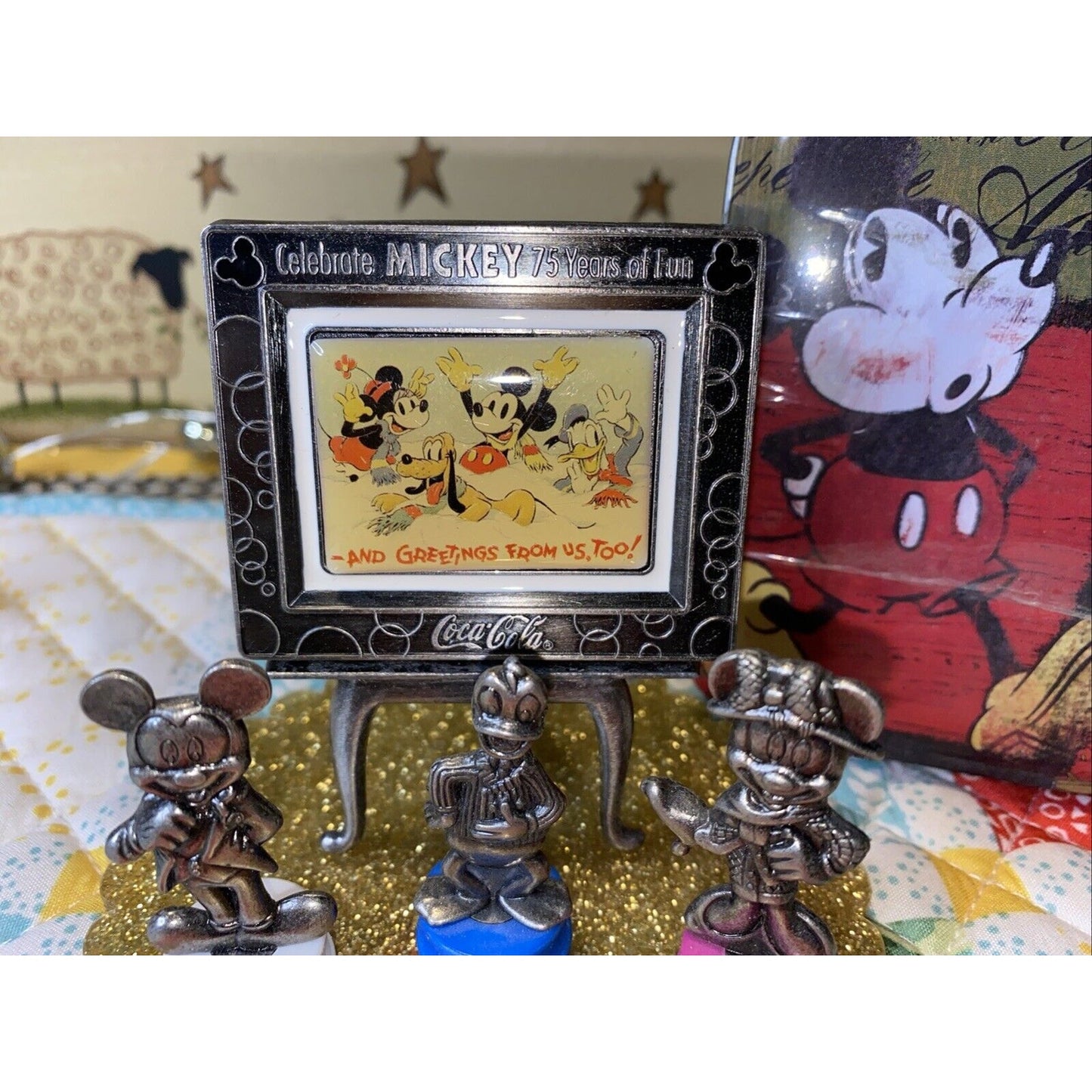 Mickey Minnie Mouse Donald Duck Pewter Coca Cola Thimble Sign