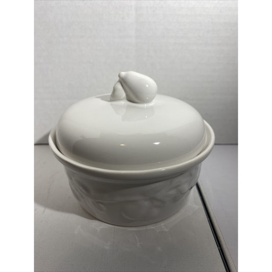 Bandwagon Inc. Ceramic White Crock w/Lid Decorated w/Pears