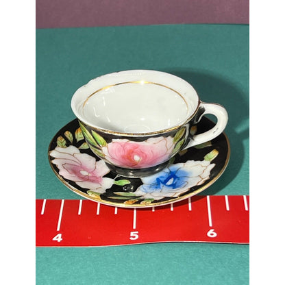 MINIATURE Tea Cup W/Saucer Made in Occupied Japan Handpainted Black / Floral